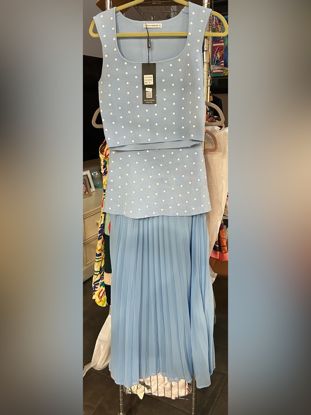 Galita Fashion Light Blue Polka Dot Top & Pleated Midi Skirt Set — NWT — Size Sm